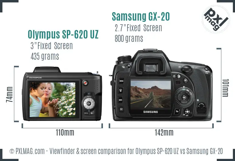 Olympus SP-620 UZ vs Samsung GX-20 Screen and Viewfinder comparison