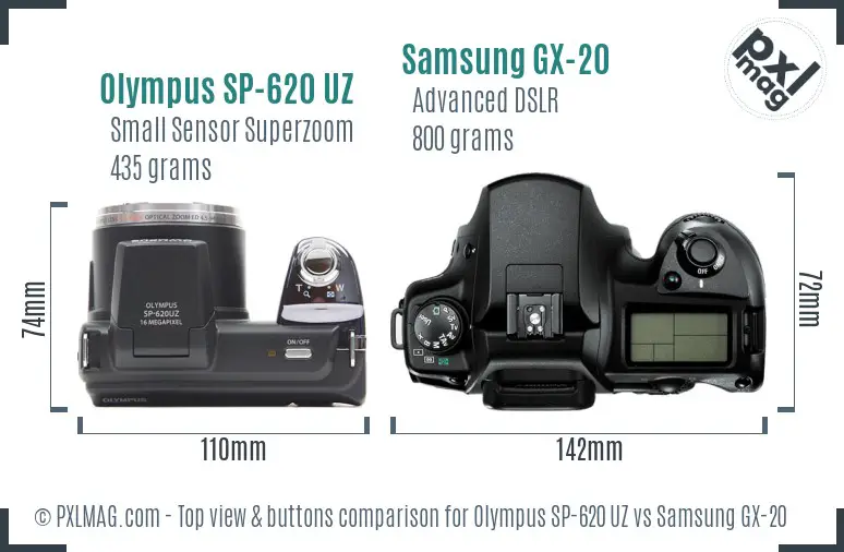 Olympus SP-620 UZ vs Samsung GX-20 top view buttons comparison
