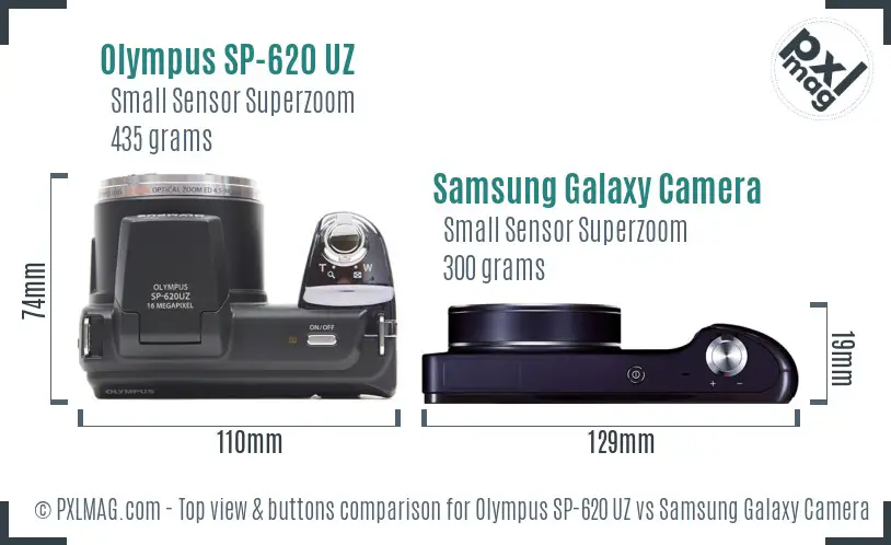Olympus SP-620 UZ vs Samsung Galaxy Camera top view buttons comparison