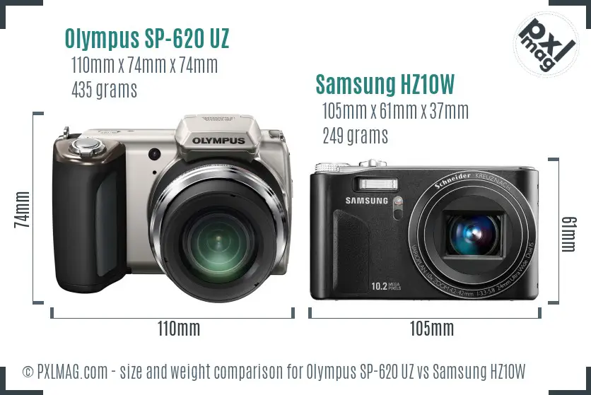 Olympus SP-620 UZ vs Samsung HZ10W size comparison