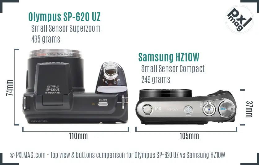 Olympus SP-620 UZ vs Samsung HZ10W top view buttons comparison