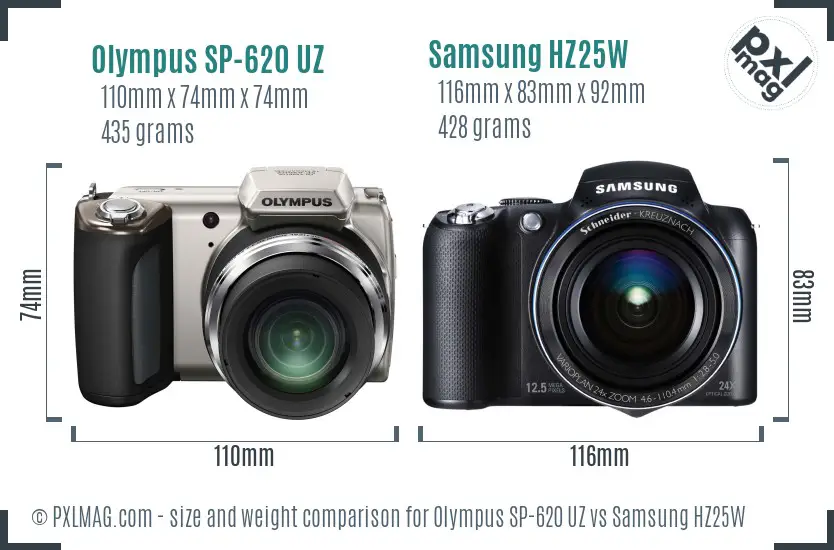 Olympus SP-620 UZ vs Samsung HZ25W size comparison Olympus SP-620 UZ vs Samsung HZ25W size comparison