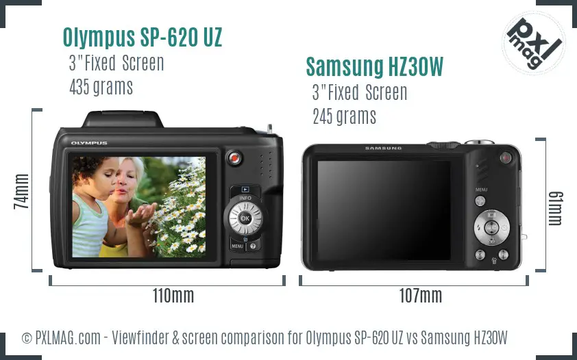 Olympus SP-620 UZ vs Samsung HZ30W Screen and Viewfinder comparison