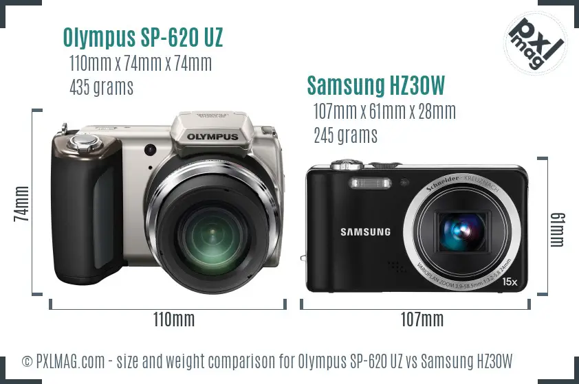 Olympus SP-620 UZ vs Samsung HZ30W size comparison