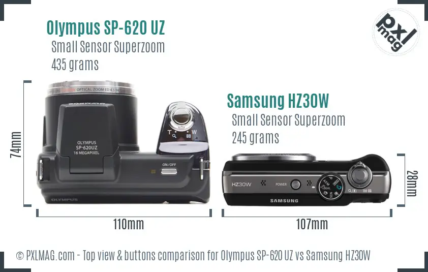 Olympus SP-620 UZ vs Samsung HZ30W top view buttons comparison