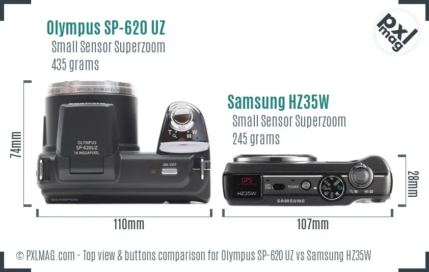 Olympus SP-620 UZ vs Samsung HZ35W top view buttons comparison Olympus SP-620 UZ vs Samsung HZ35W top view buttons comparison