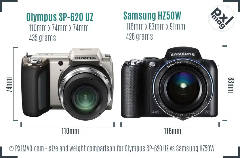 Olympus SP-620 UZ vs Samsung HZ50W size comparison Olympus SP-620 UZ vs Samsung HZ50W size comparison