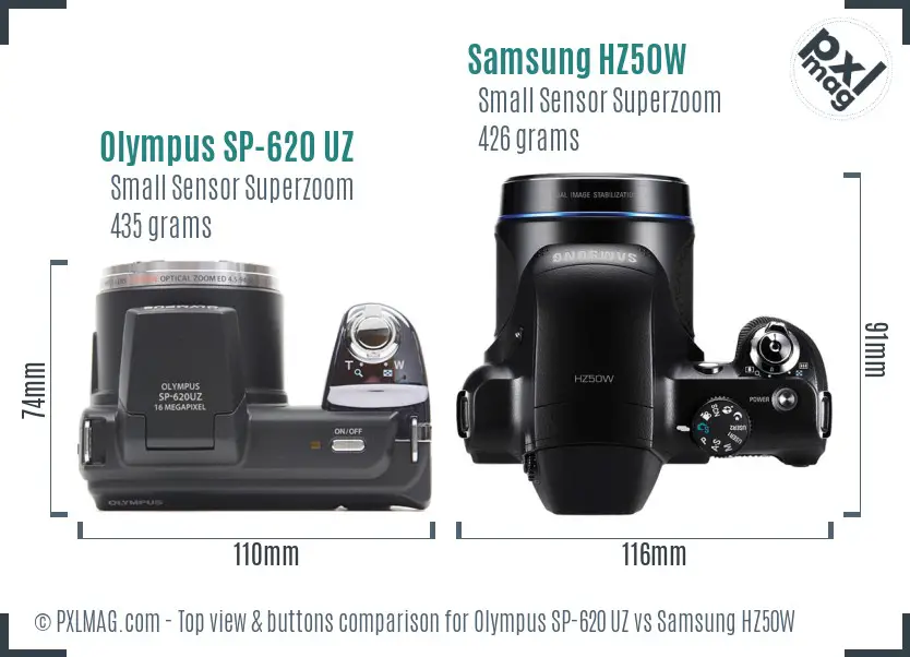 Olympus SP-620 UZ vs Samsung HZ50W top view buttons comparison Olympus SP-620 UZ vs Samsung HZ50W top view buttons comparison