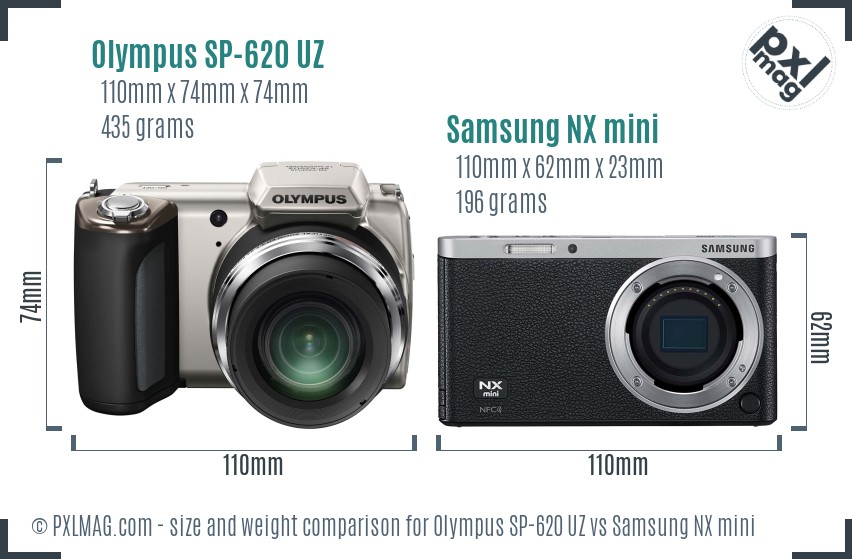 Olympus SP-620 UZ vs Samsung NX mini size comparison