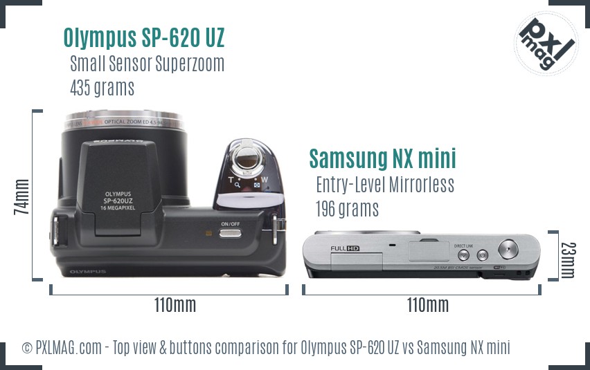 Olympus SP-620 UZ vs Samsung NX mini top view buttons comparison