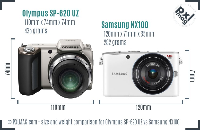 Olympus SP-620 UZ vs Samsung NX100 size comparison