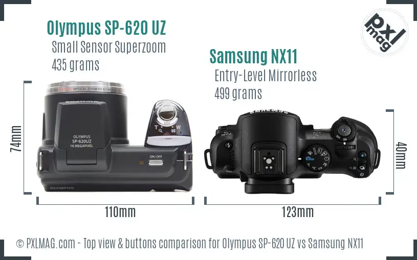 Olympus SP-620 UZ vs Samsung NX11 top view buttons comparison