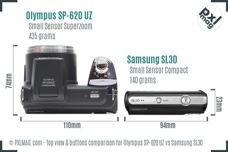 Olympus SP-620 UZ vs Samsung SL30 top view buttons comparison