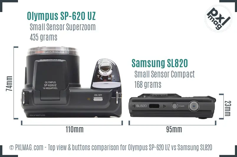 Olympus SP-620 UZ vs Samsung SL820 top view buttons comparison Olympus SP-620 UZ vs Samsung SL820 top view buttons comparison
