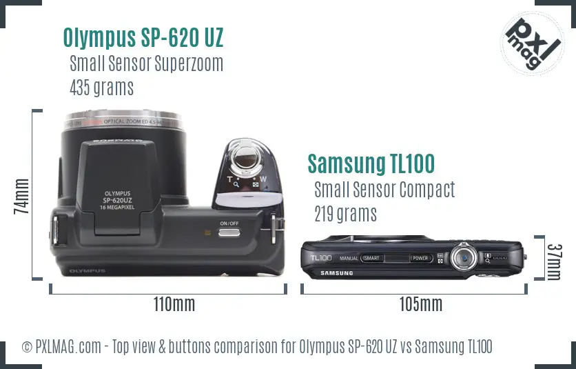 Olympus SP-620 UZ vs Samsung TL100 top view buttons comparison