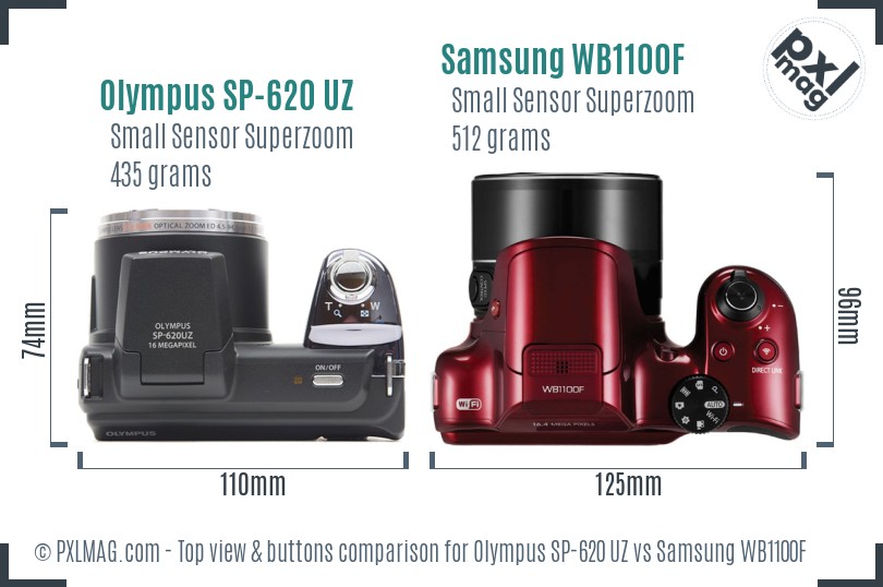 Olympus SP-620 UZ vs Samsung WB1100F top view buttons comparison