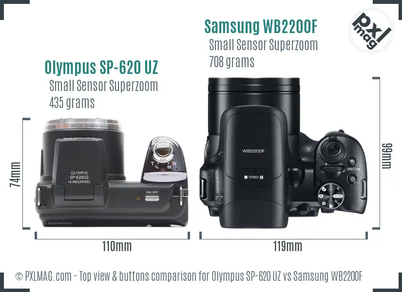 Olympus SP-620 UZ vs Samsung WB2200F top view buttons comparison