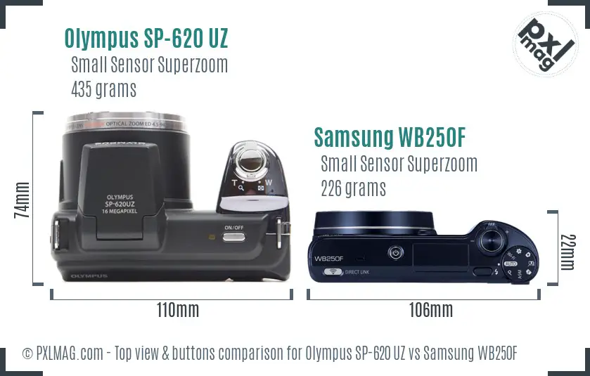 Olympus SP-620 UZ vs Samsung WB250F top view buttons comparison