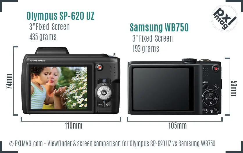 Olympus SP-620 UZ vs Samsung WB750 Screen and Viewfinder comparison