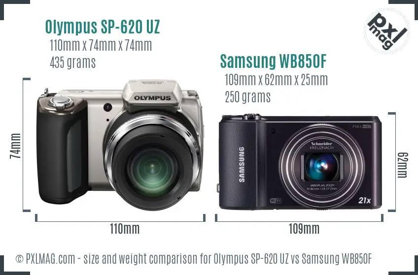 Olympus SP-620 UZ vs Samsung WB850F size comparison