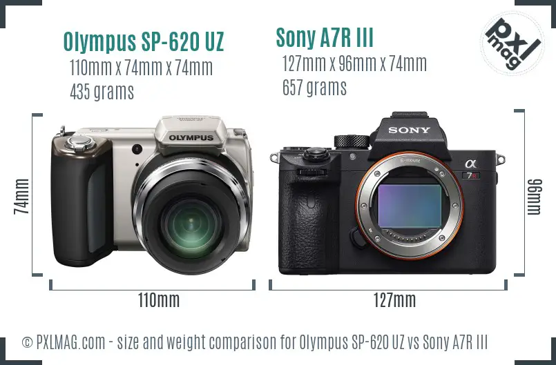 Olympus SP-620 UZ vs Sony A7R III size comparison