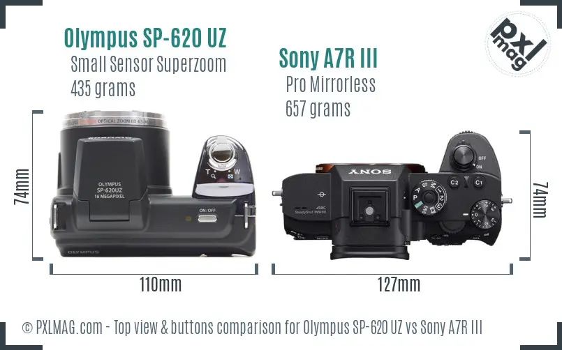 Olympus SP-620 UZ vs Sony A7R III top view buttons comparison