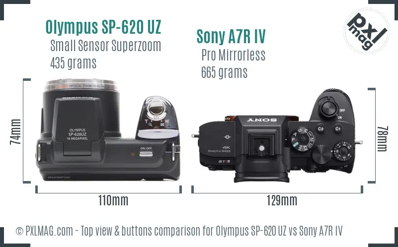 Olympus SP-620 UZ vs Sony A7R IV top view buttons comparison