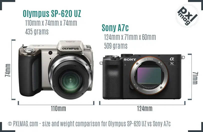 Olympus SP-620 UZ vs Sony A7c size comparison