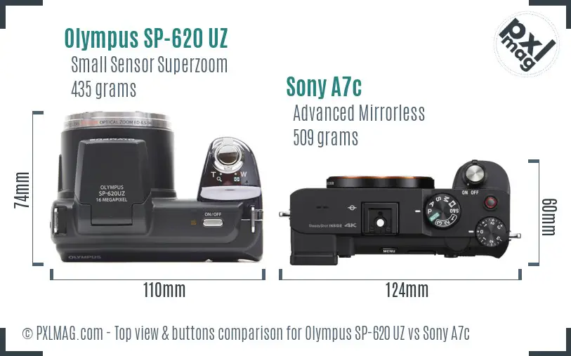 Olympus SP-620 UZ vs Sony A7c top view buttons comparison