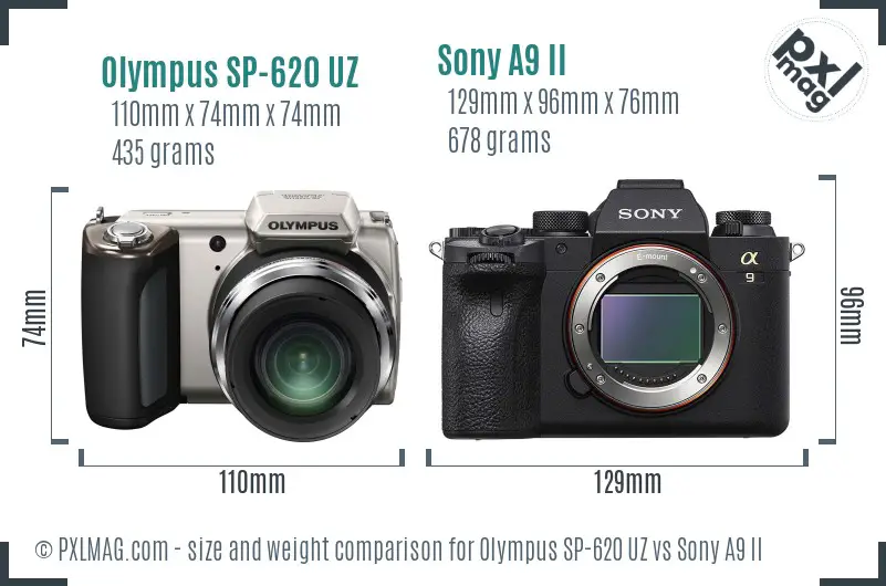 Olympus SP-620 UZ vs Sony A9 II size comparison