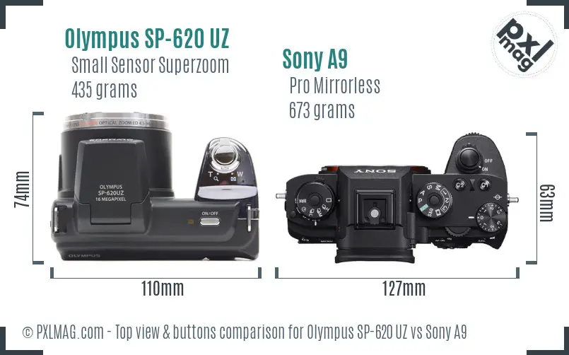 Olympus SP-620 UZ vs Sony A9 top view buttons comparison