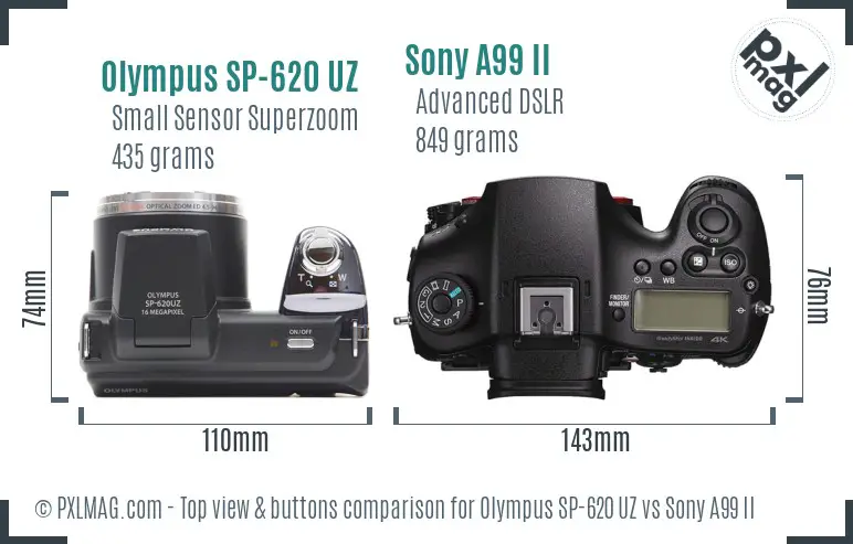 Olympus SP-620 UZ vs Sony A99 II top view buttons comparison