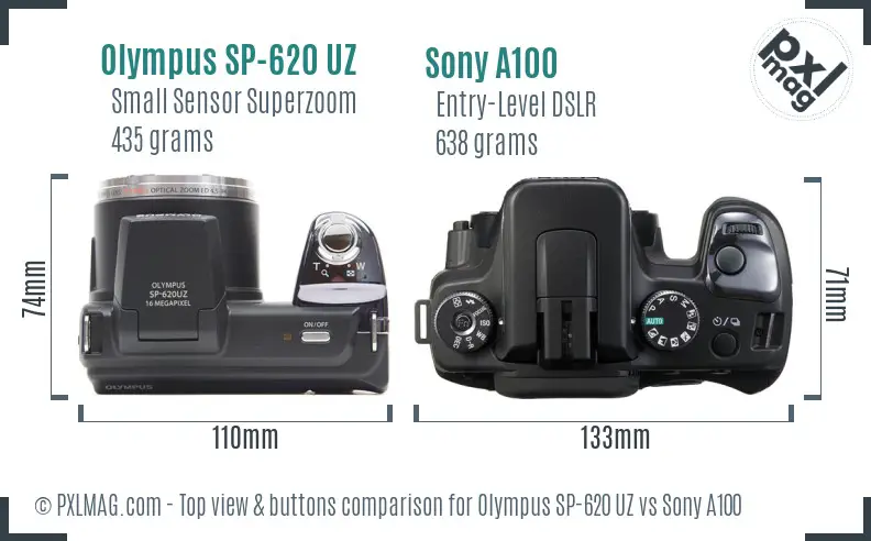 Olympus SP-620 UZ vs Sony A100 top view buttons comparison