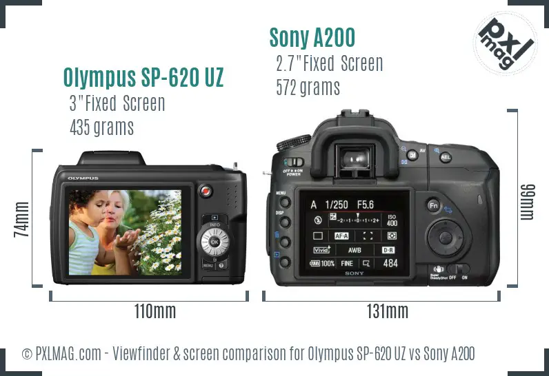 Olympus SP-620 UZ vs Sony A200 Screen and Viewfinder comparison