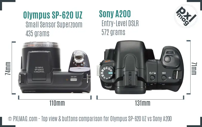 Olympus SP-620 UZ vs Sony A200 top view buttons comparison