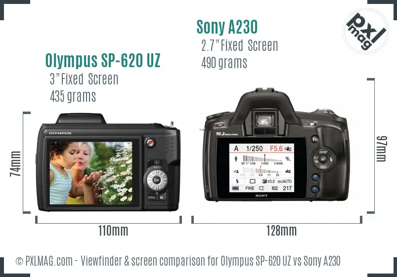 Olympus SP-620 UZ vs Sony A230 Screen and Viewfinder comparison