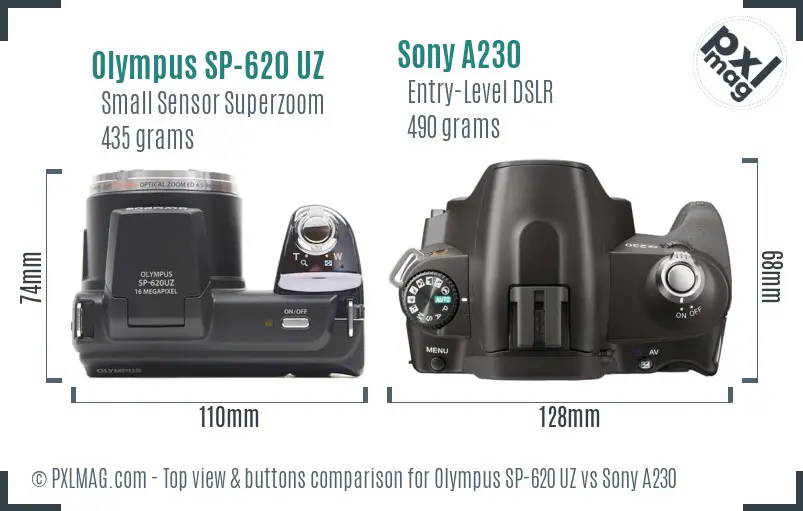 Olympus SP-620 UZ vs Sony A230 top view buttons comparison