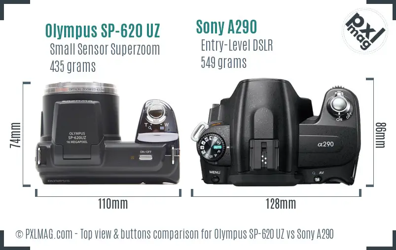 Olympus SP-620 UZ vs Sony A290 top view buttons comparison