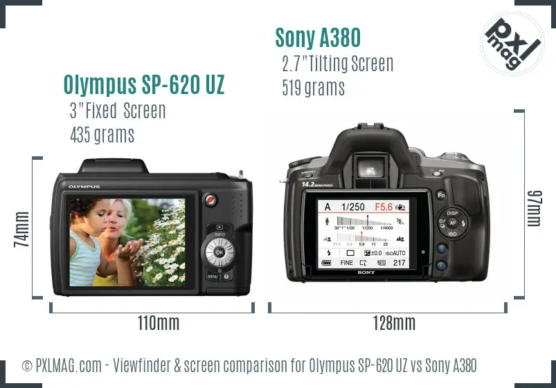 Olympus SP-620 UZ vs Sony A380 Screen and Viewfinder comparison