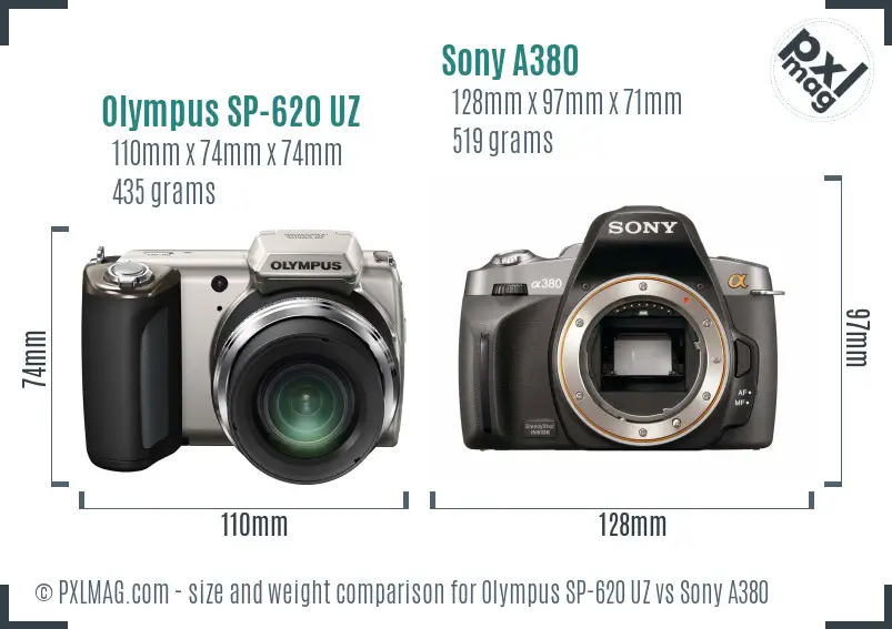 Olympus SP-620 UZ vs Sony A380 size comparison