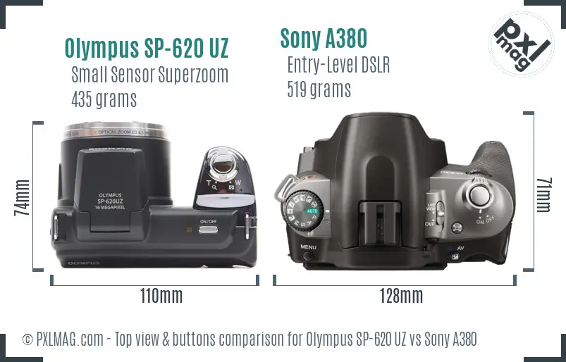 Olympus SP-620 UZ vs Sony A380 top view buttons comparison