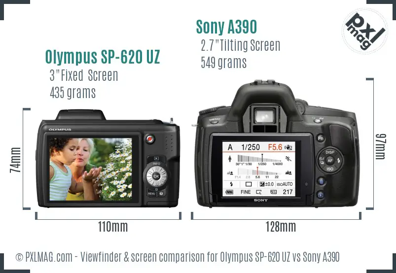 Olympus SP-620 UZ vs Sony A390 Screen and Viewfinder comparison