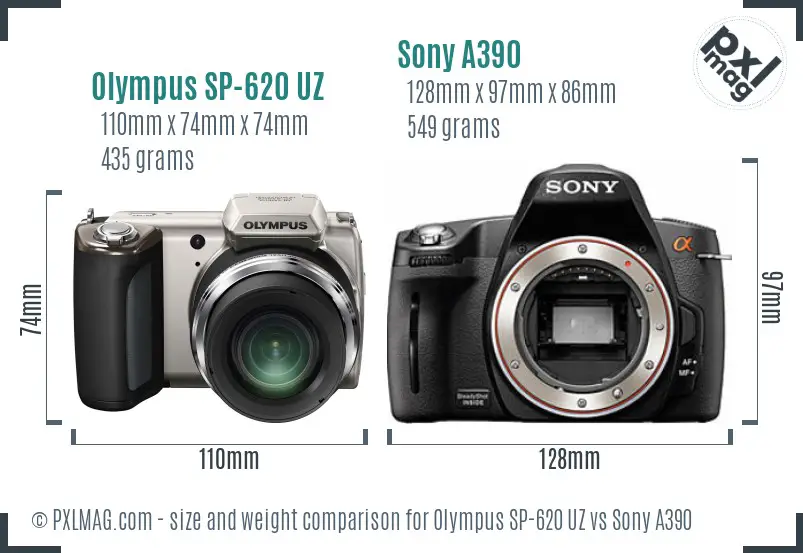 Olympus SP-620 UZ vs Sony A390 size comparison