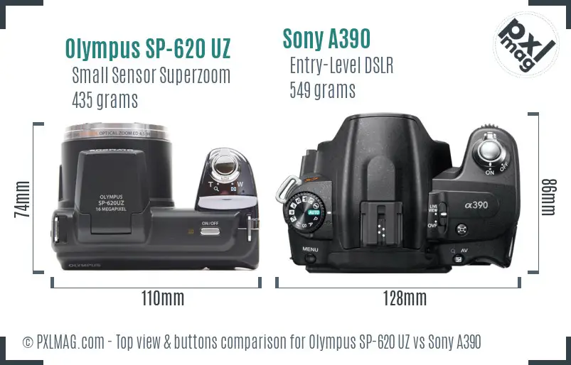 Olympus SP-620 UZ vs Sony A390 top view buttons comparison