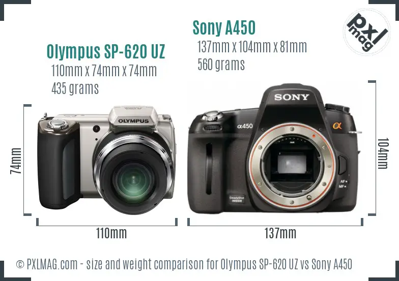 Olympus SP-620 UZ vs Sony A450 size comparison