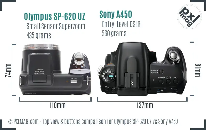 Olympus SP-620 UZ vs Sony A450 top view buttons comparison