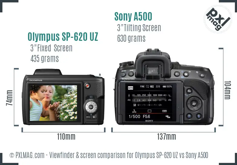Olympus SP-620 UZ vs Sony A500 Screen and Viewfinder comparison