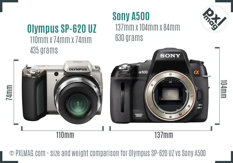 Olympus SP-620 UZ vs Sony A500 size comparison