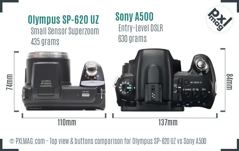 Olympus SP-620 UZ vs Sony A500 top view buttons comparison