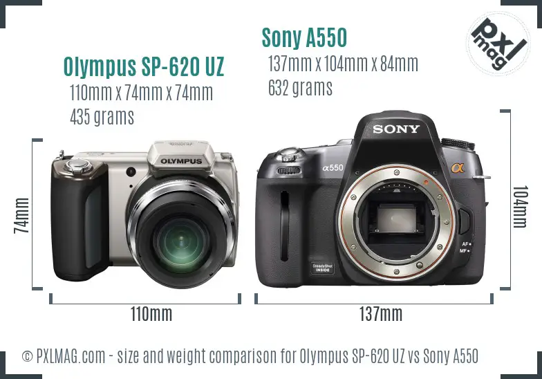 Olympus SP-620 UZ vs Sony A550 size comparison